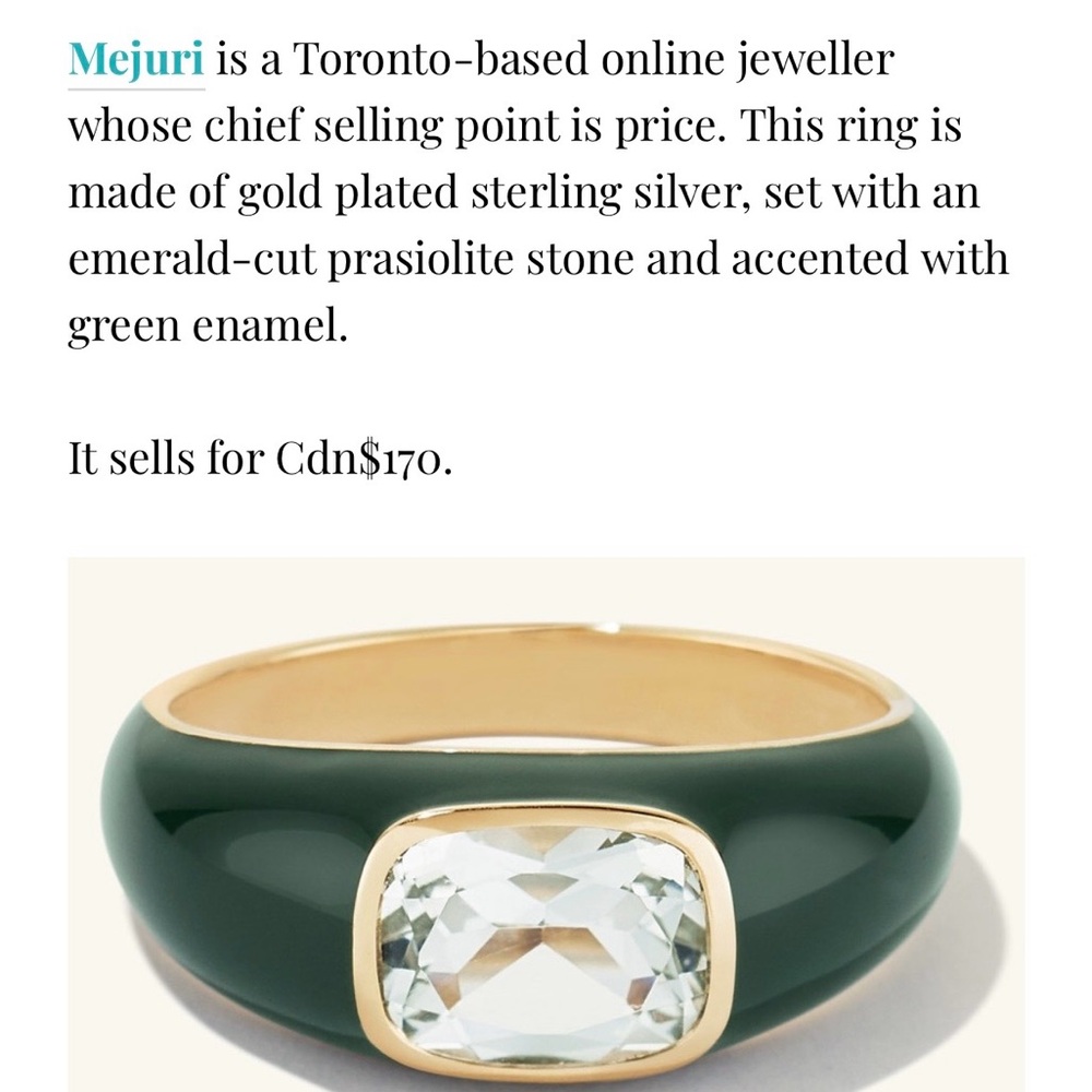 Mejuri Gold Ring with Deep Green Enamel and emerald cut Prasiolite stone
